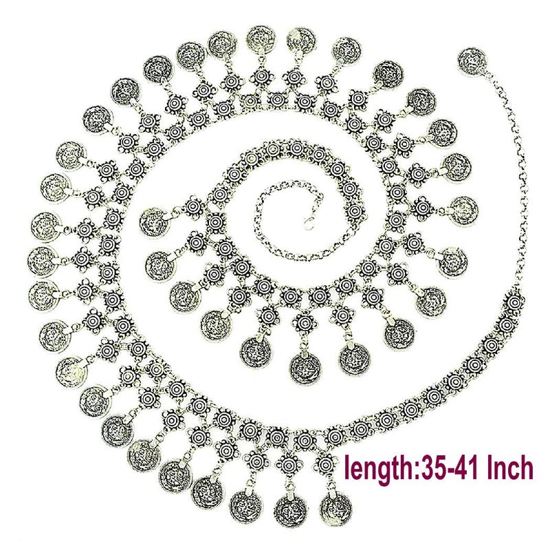 TianBo Vintage Antique Silver Color Coin Tassels Pendant Belly Dance Body Chain Waist Chains Turkish Gypsy Carving Beach Belt Body Jewelry for Women Size 35-41in Adjustable - Image 5